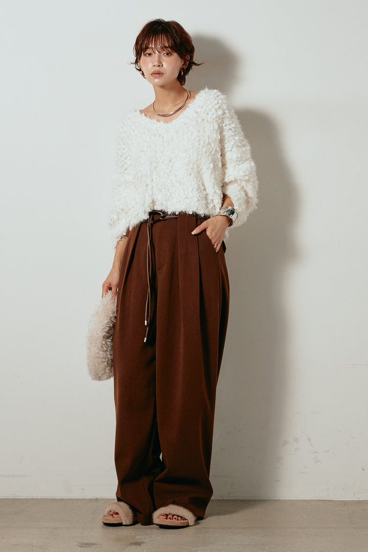 [SET]深Vネックチョウチョヤーンニットトップス+細フェイクレザーベルト付きワイドタックパンツ(2set)