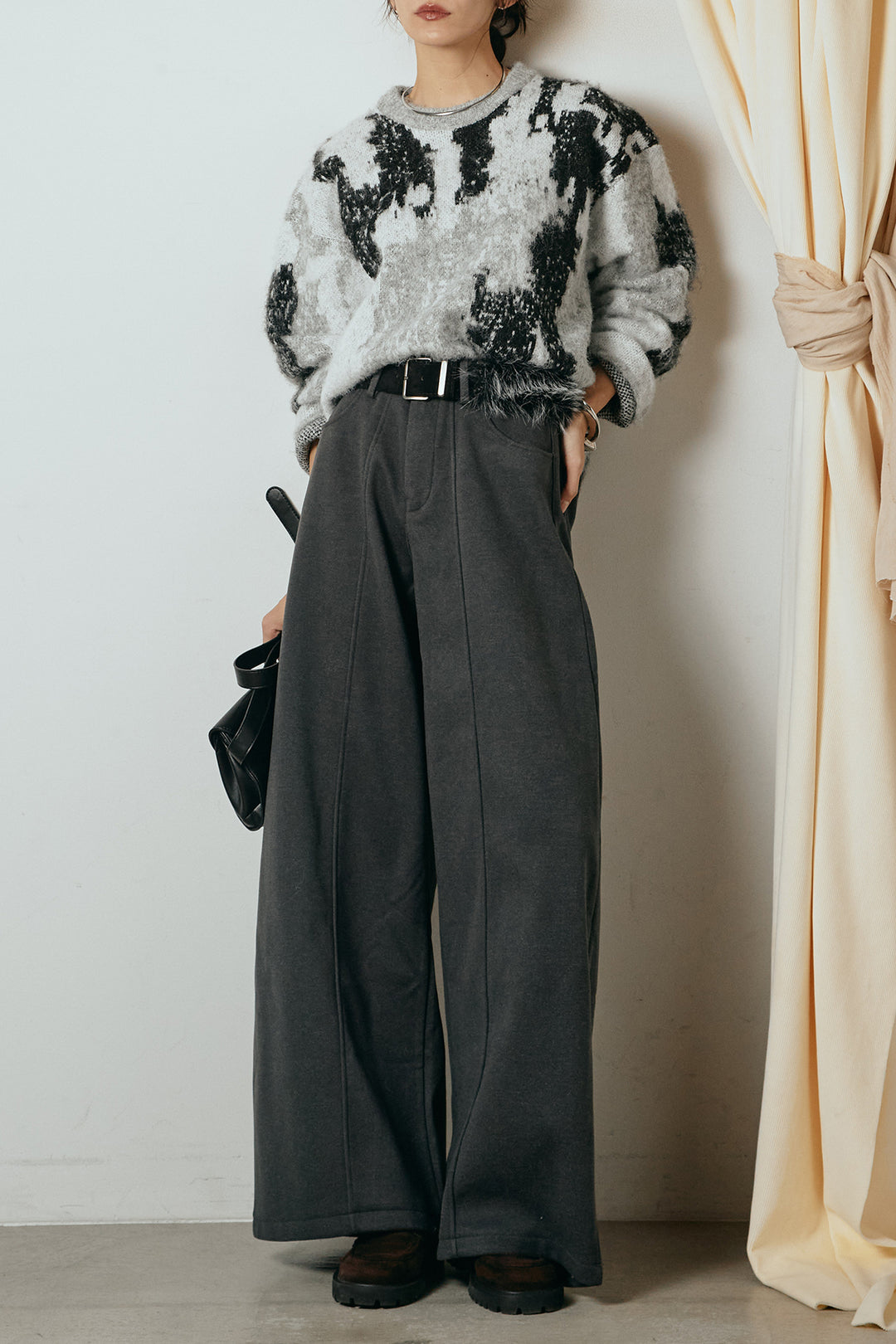 [SET]起毛ニュアンス柄ニットプルオーバー+ファーベルト付きワイドパンツ(2set)