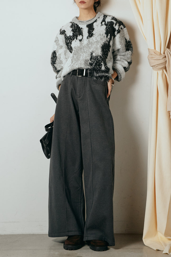 [SET]起毛ニュアンス柄ニットプルオーバー+ファーベルト付きワイドパンツ(2set)