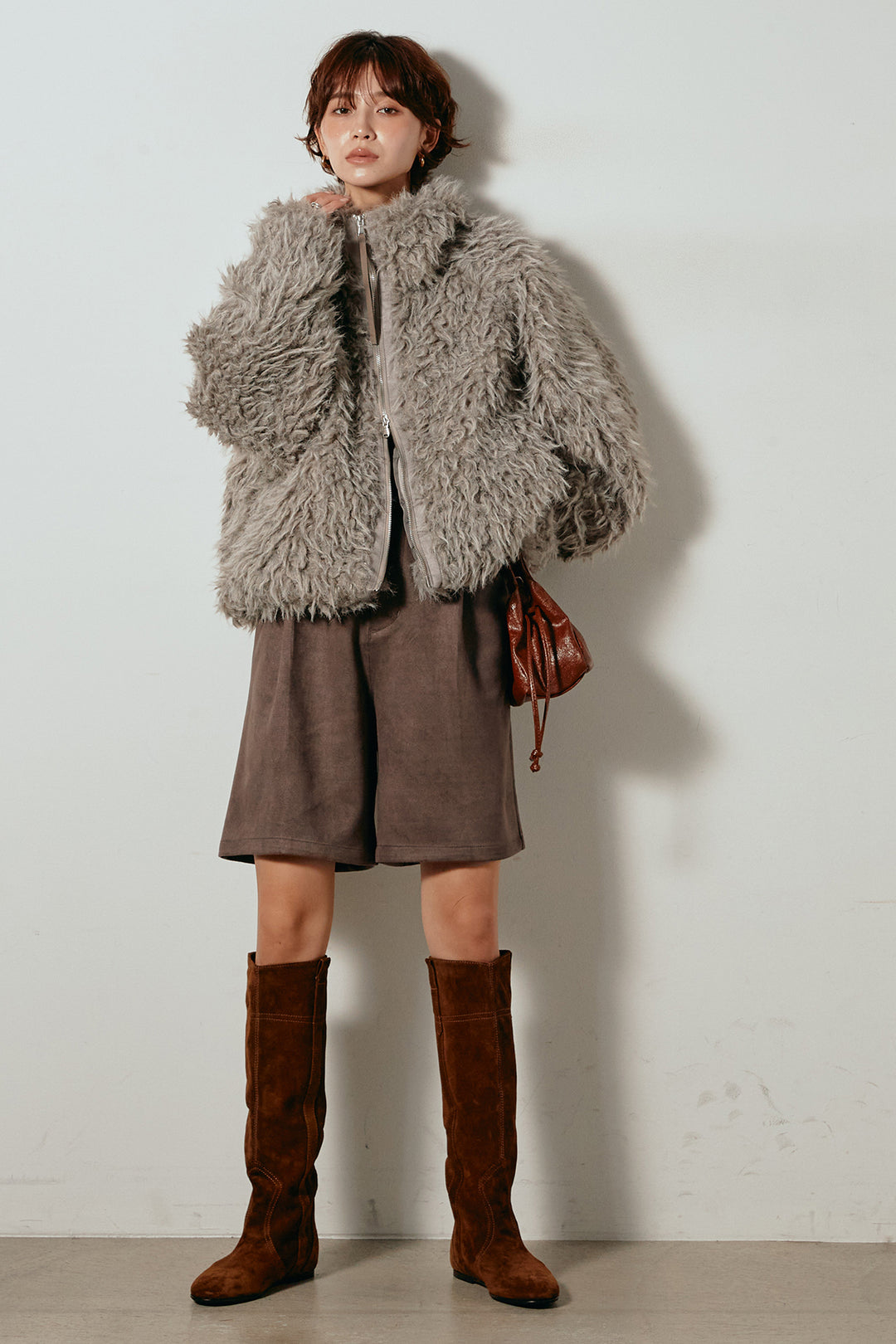 [SET]ミックスシープファースタンドブルゾン+フェイクスウェードハーフパンツ(2set)