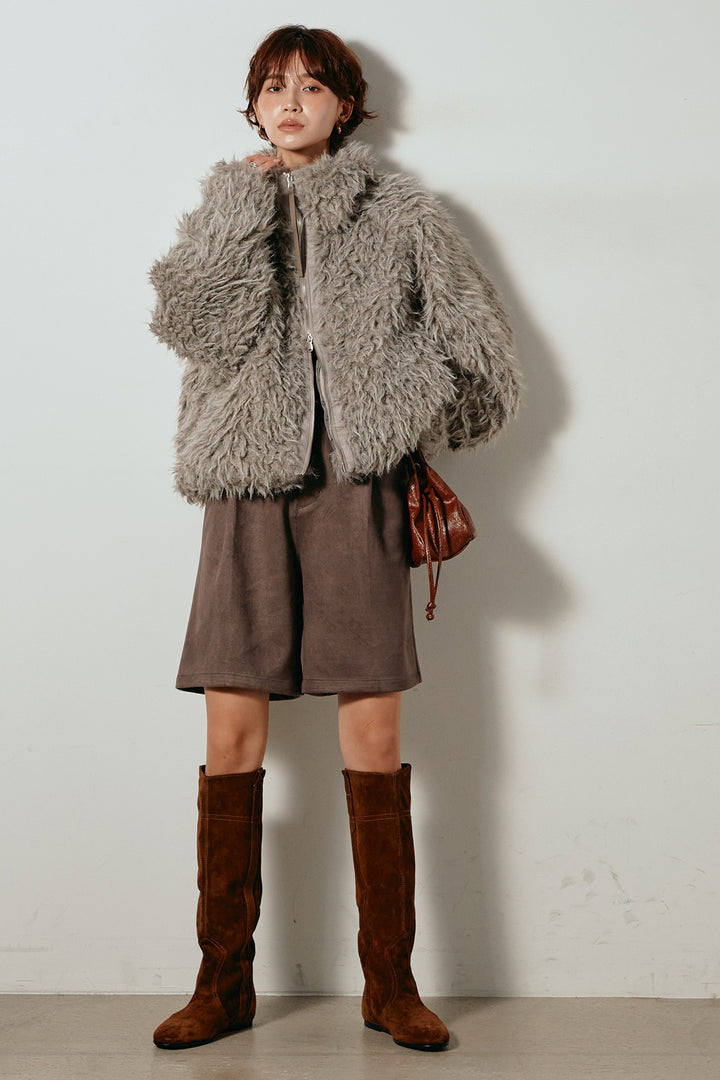 [SET]ミックスシープファースタンドブルゾン+フェイクスウェードハーフパンツ(2set)