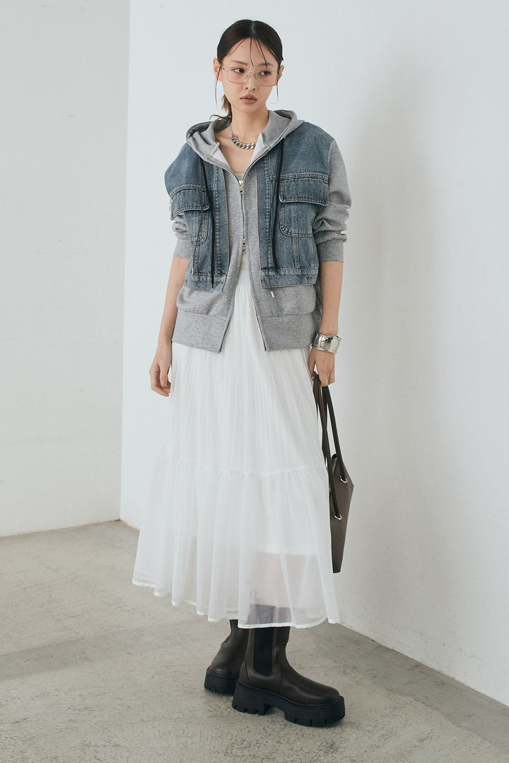 [SET]デニム切替ポンチダブルジップパーカー+ボリュームシルエットチュールスカート(2set)