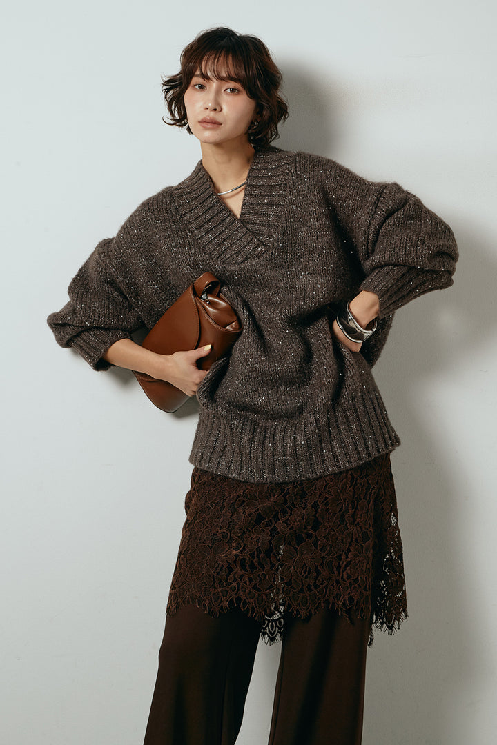 [SET]Vネックラメニットトップス+レース刺繍レイヤードフレアパンツ(2set)