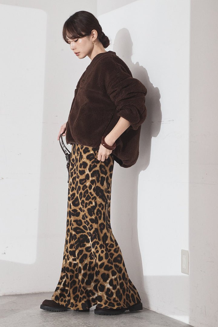 [SET]ノーカラーリブボアアウター+レオパードサテンナロースカート(2set)