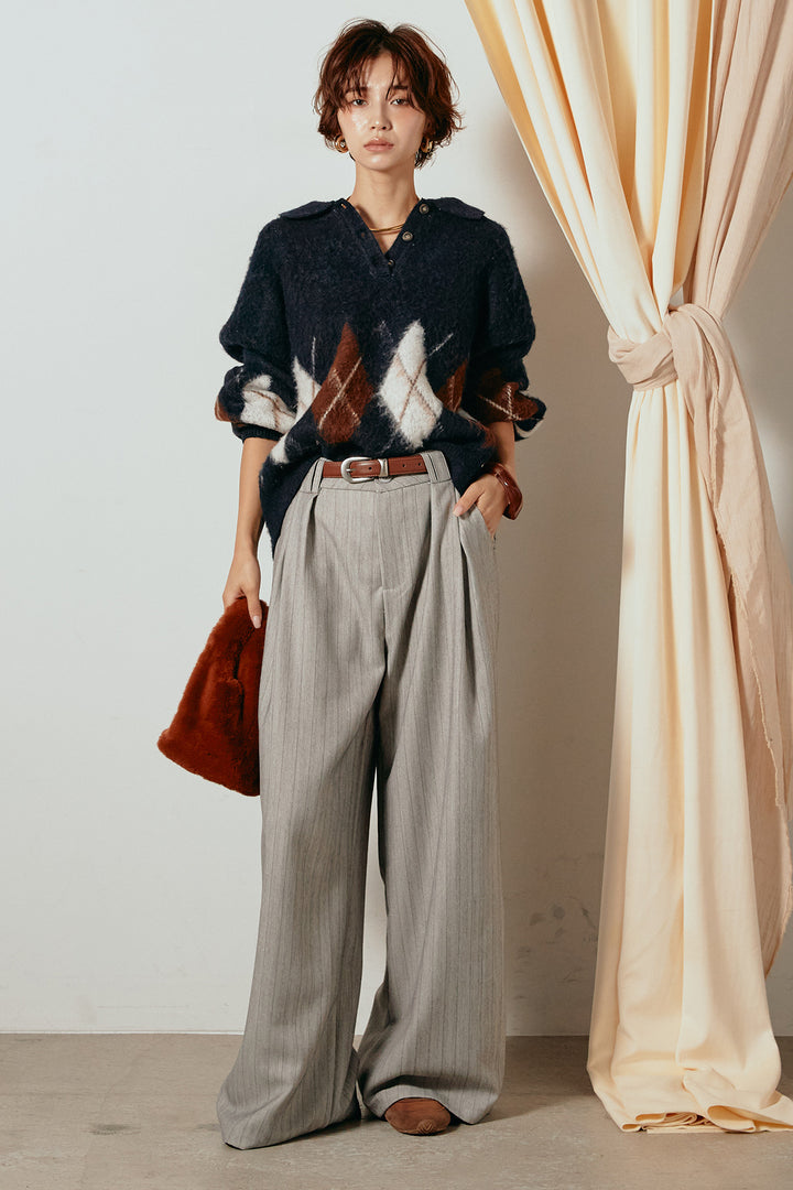 [SET]アーガイル柄ポロニットトップス+ストライプヘリンボーンパンツ(2set)