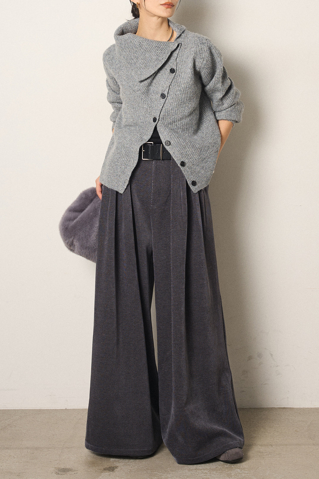 [SET]ボタンデザインネックニットプルオーバー+ベルトループコーデュロイワイドパンツ(2set)