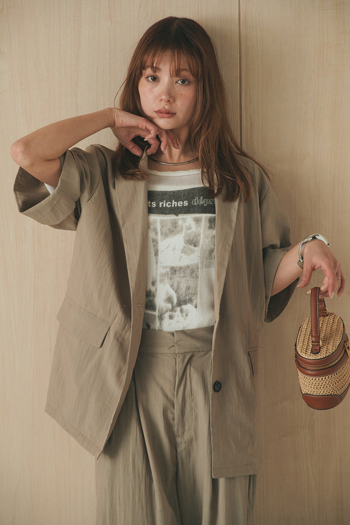 [SET]半袖モノトーングラフィックトップス+リネンライク2タックワイドパンツ(2set)