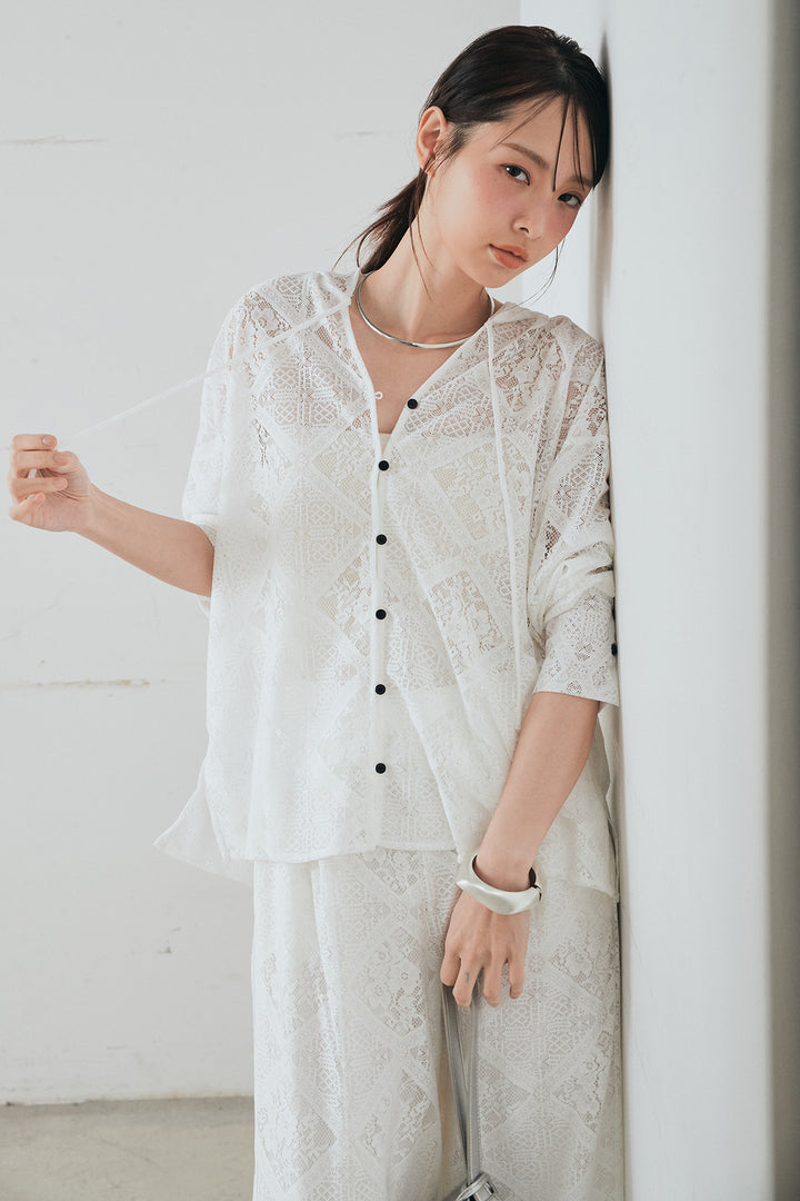 [SET]ブロックレースフード付きブラウス+リラックスブロックレースワイドパンツ(2set)