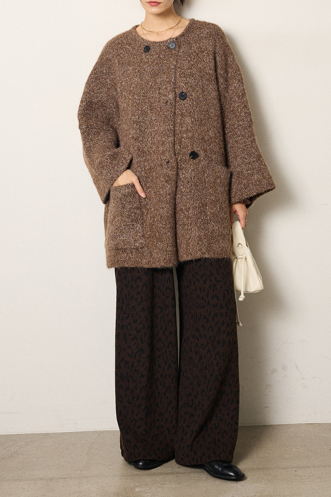 [SET]アシンメトリーボタンニットカーディガン+レオパードジャガードニットパンツ(2set)