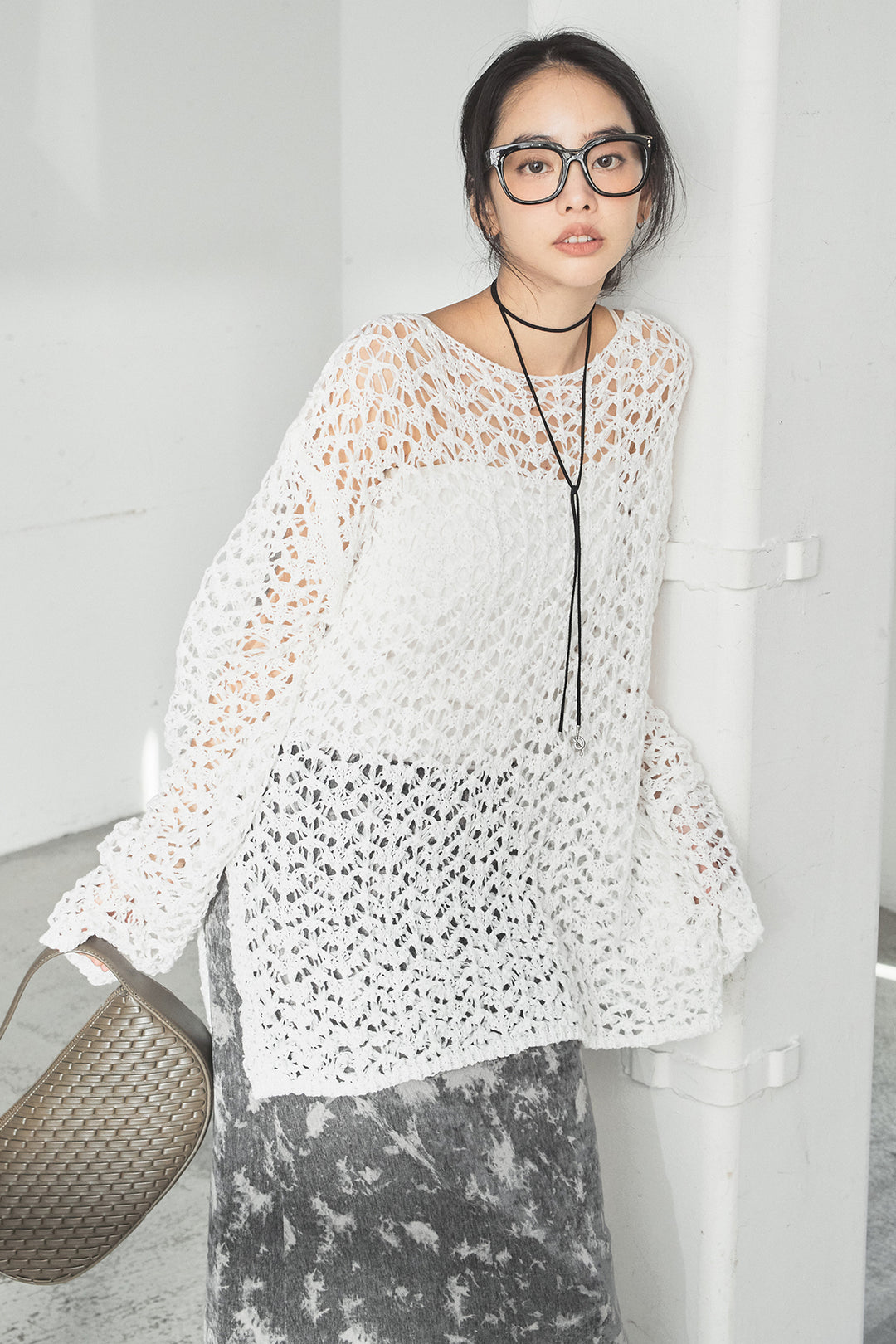 [SET]リラックスメッシュニットトップス+タイダイ柄ベロアワイドスカート(2set)