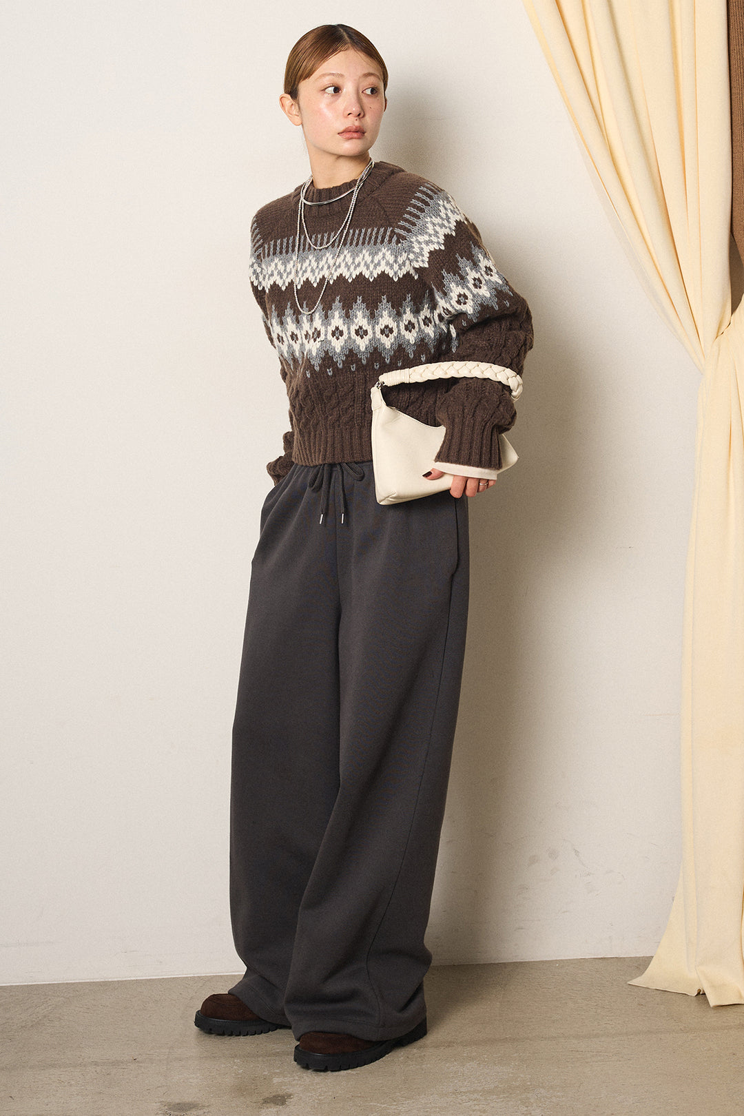 [SET]2WAY求心柄ジャガードショートカーディガン+裏起毛スウェットワイドパンツ(2set)