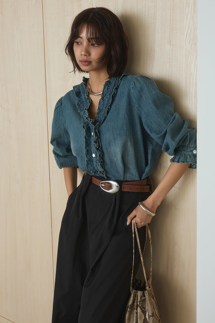 [SET]Vネックデニムフリルトップス+ベルトループデザインハイウエストタックパンツ(2set)