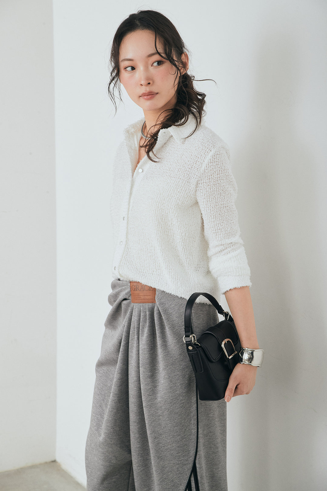 [SET]カールヤーンシャツ+ライトダンボールウェーブラインドレープパンツ(2set)