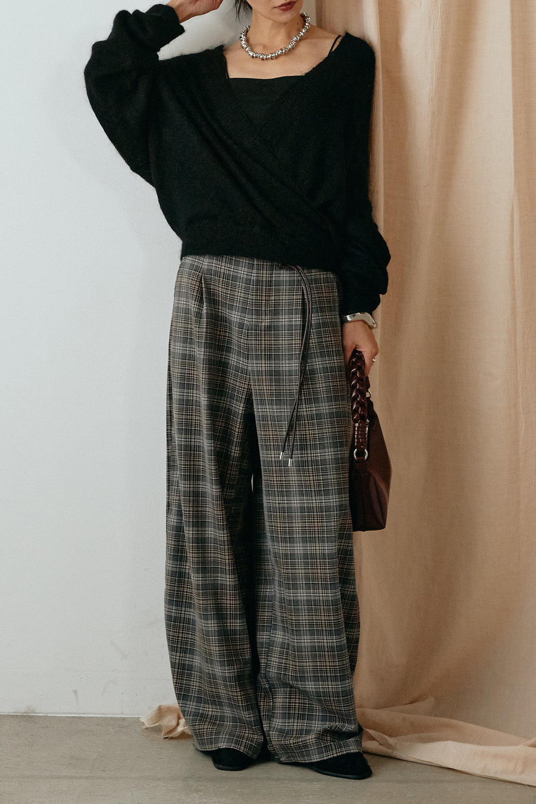 [SET]カシュクールデザインニット+編みベルト付きタータンチェックワイドパンツ(2set)
