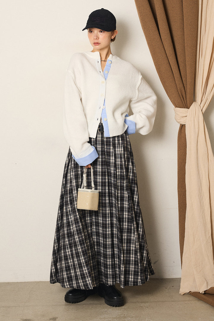 [SET]シャツドッキングニットカーディガン+ベルト付きタータンチェックプリーツスカート(2set)