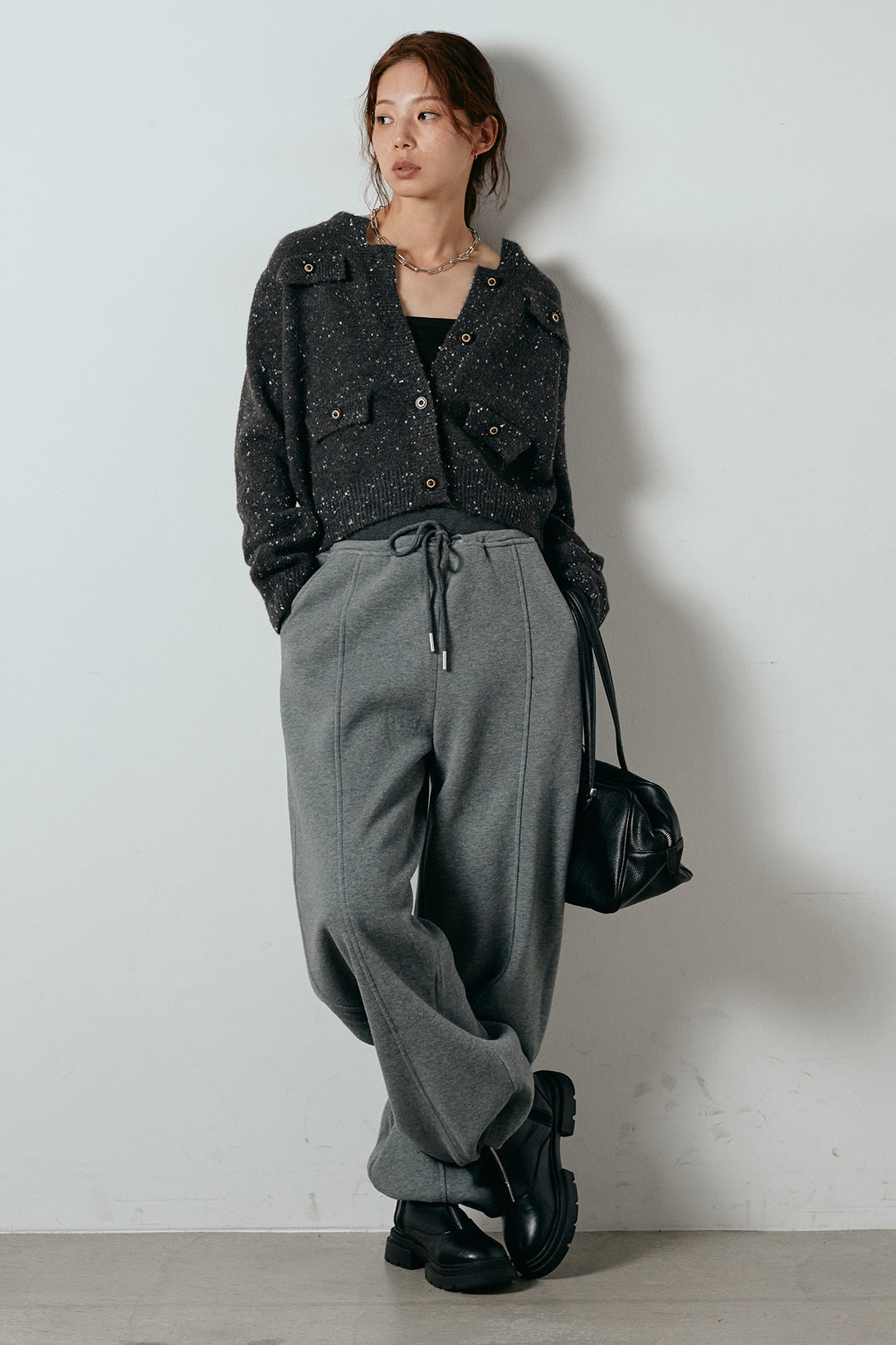 [SET]ネップニットカーディガン+スウェットワイドカーブパンツ(2set)