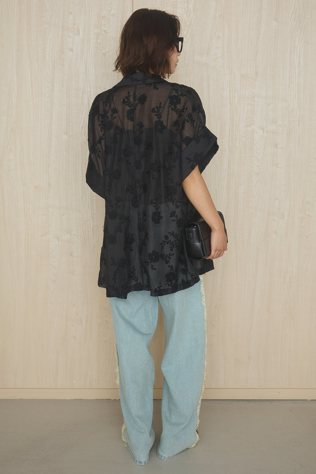 [SET]半袖シアー花柄刺繍テーラードジャケット+デニムサイドレースパンツ(2set)