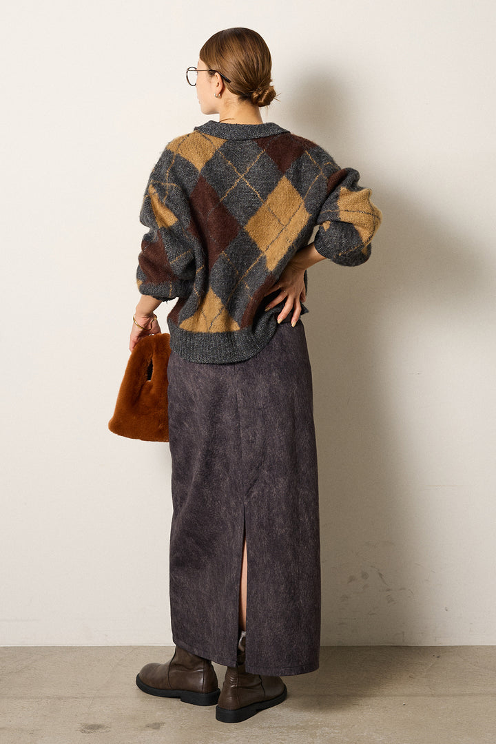 [SET]アクリルモヘアアーガイルキーネックプルオーバー+ロープベルト付きスウェード調スカート(2set)