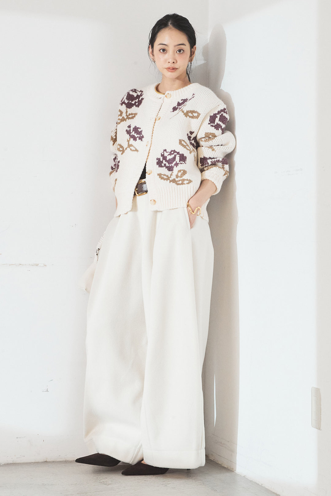 [SET]花柄ジャガードニットカーディガン+ウールタッチカーブワイドパンツ(2set)