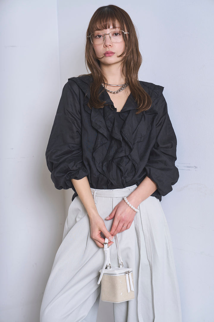 [SET]フリルボタンブラウス+紐ベルト付きカーブワイドパンツ(2set)