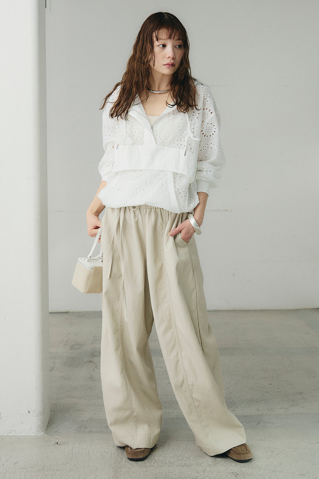 [SET]レースハーフジップアップフーディー+フェイクレザーカーブワイドパンツ(2set)