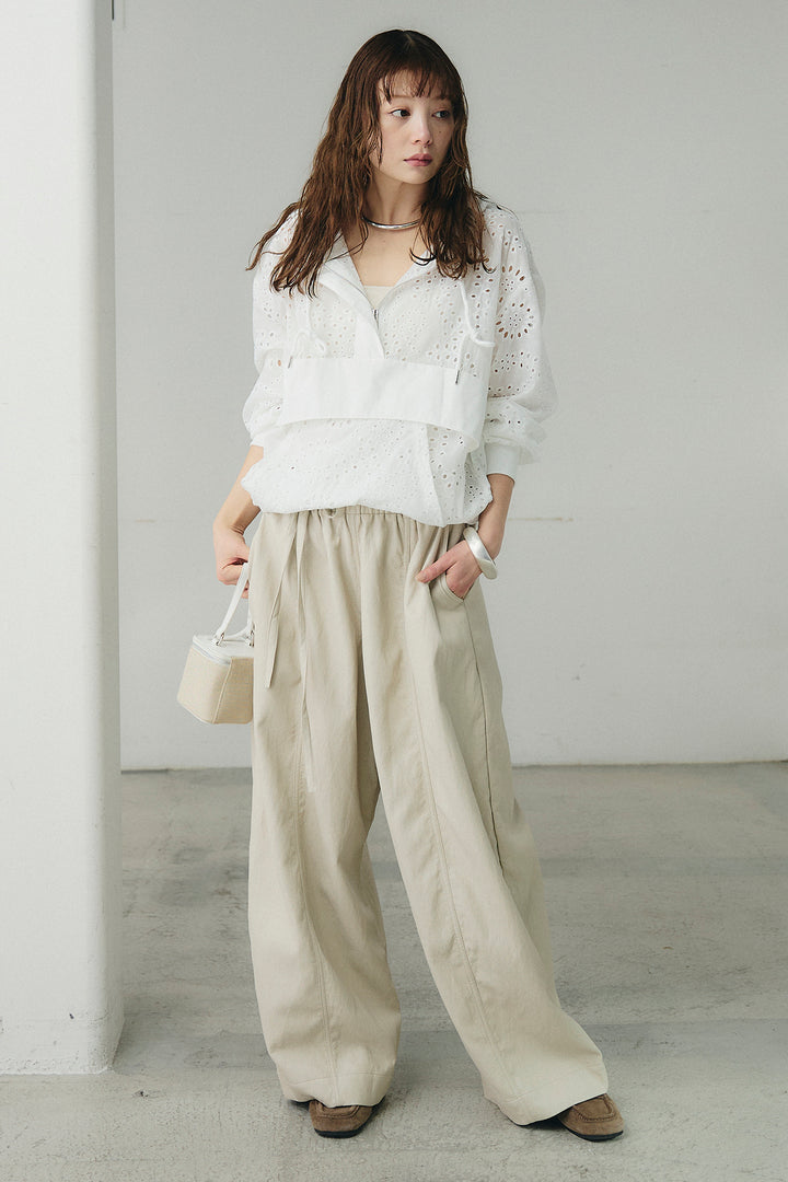 [SET]レースハーフジップアップフーディー+フェイクレザーカーブワイドパンツ(2set)