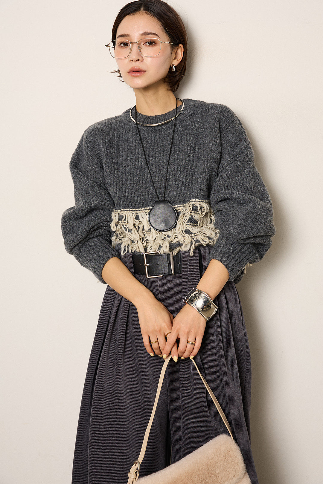 [SET]ループ編み切り替えニットプルオーバー+ベルトループコーデュロイワイドパンツ(2set)