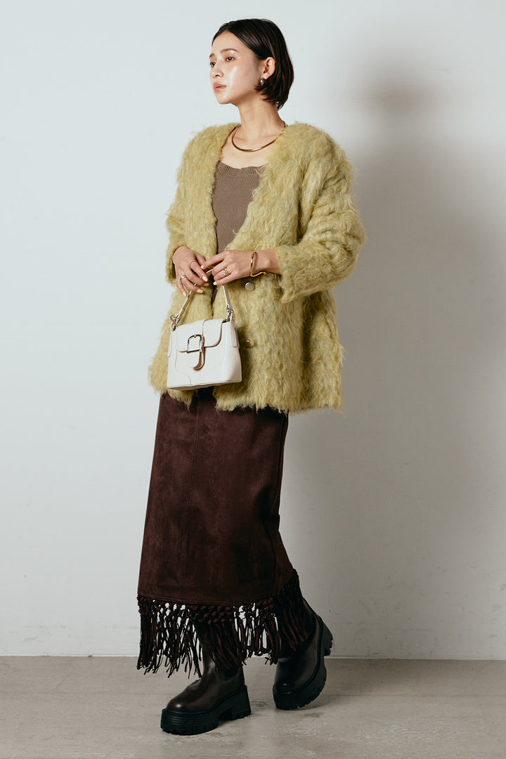 [SET]ウェーブシャギーニットジャケット+スウェードライク裾フリンジスカート(2set)