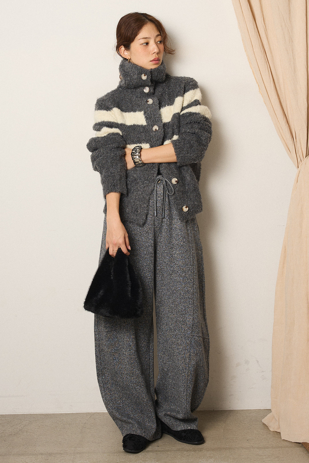 [SET]ハイネックボーダーニットカーディガン+杢ニットフレアパンツ(2set)