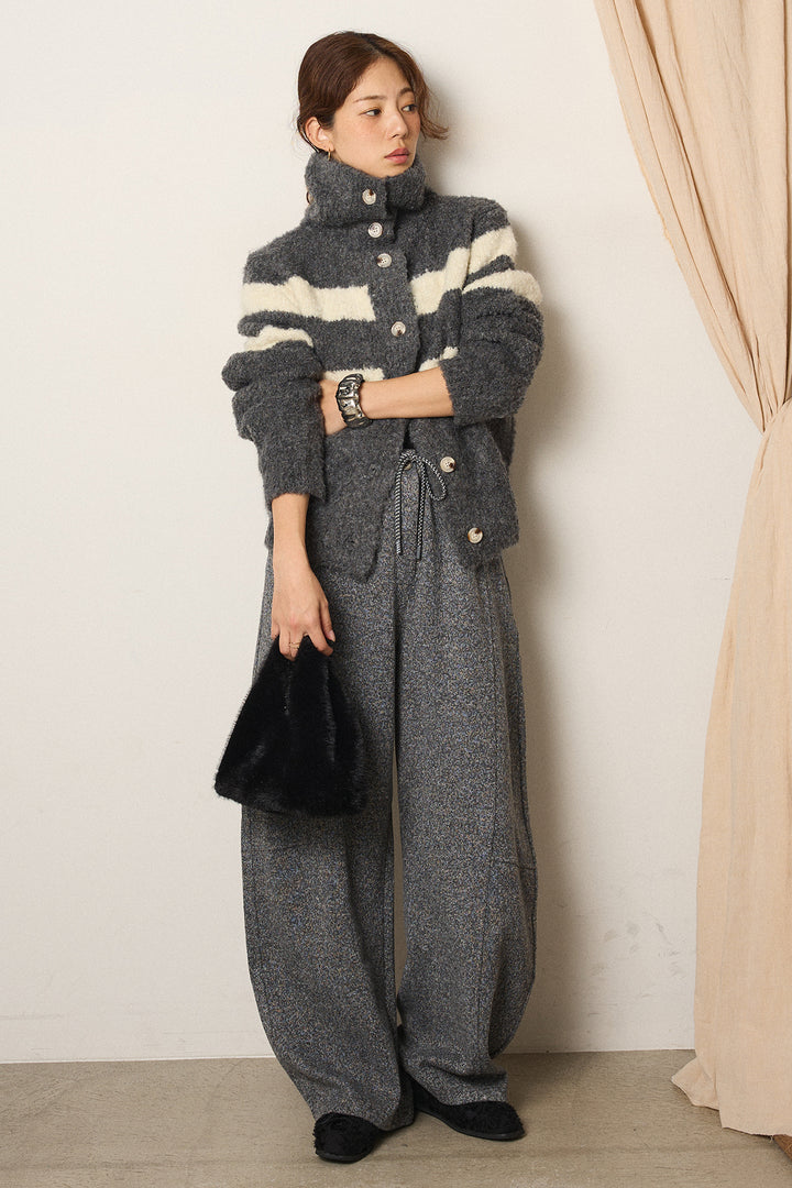 [SET]ハイネックボーダーニットカーディガン+杢ニットフレアパンツ(2set)