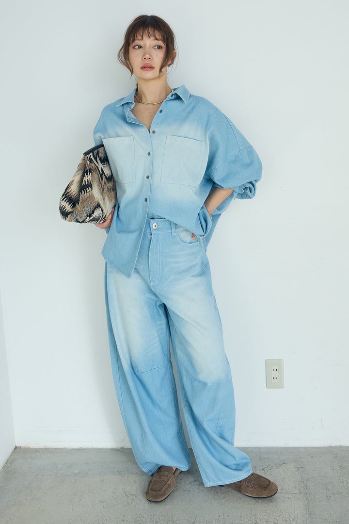 [SET]ヴィンテージ加工デニムオーバーシャツ+ヴィンテージ加工デニムワイドパンツ(2set)