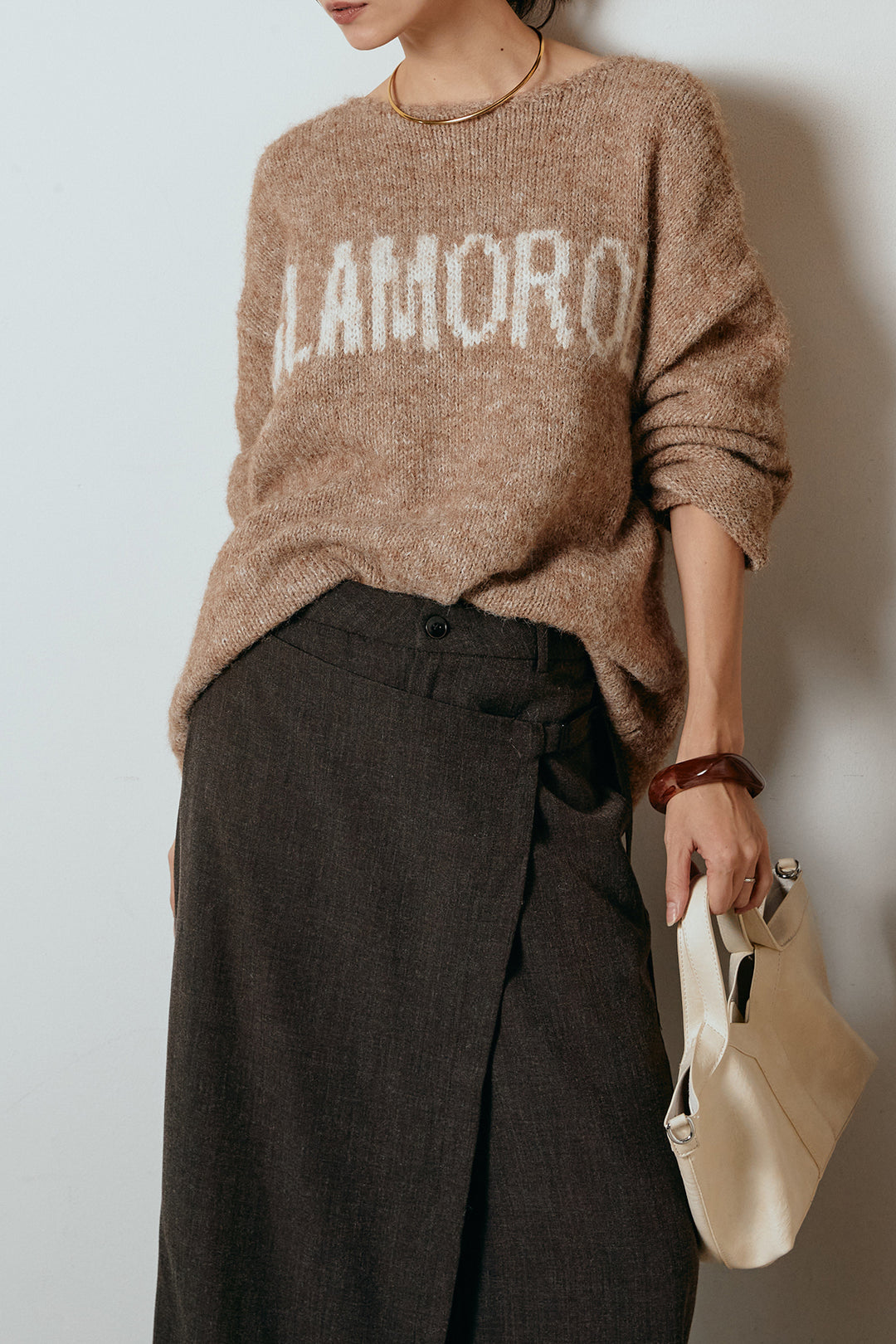 [SET]フロントロゴデザインニットトップス+ラップ巻きワイドスラックス(2set)