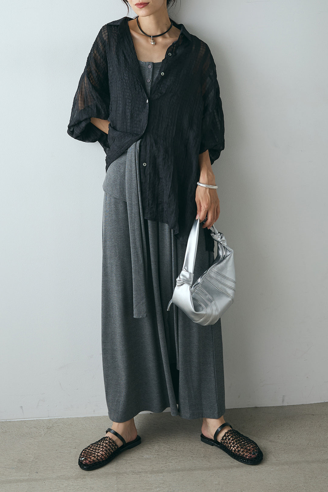 [SET]シアーマルチチェック柄シャツ+ウエスト巻きリブロングワンピース(2set)