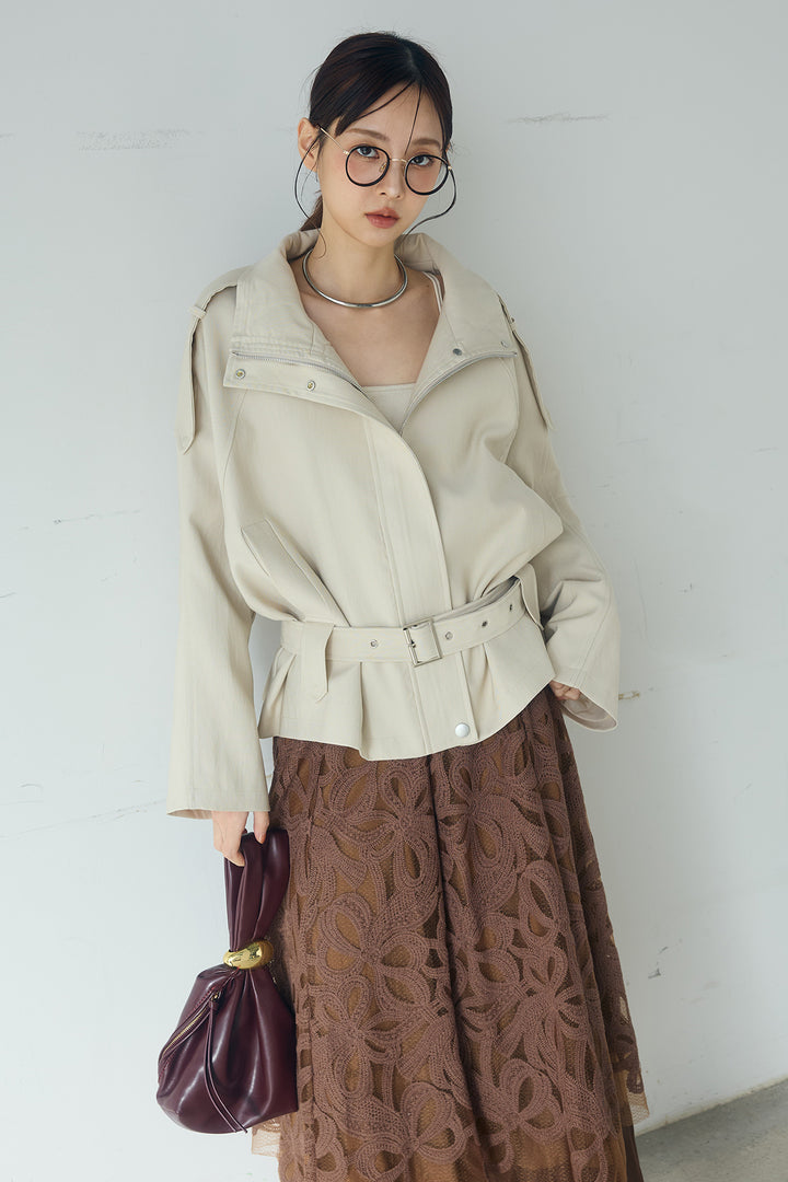 [SET]ベルト付きスタンドネックアウター+ニュアンス柄刺繍スカート(2set)