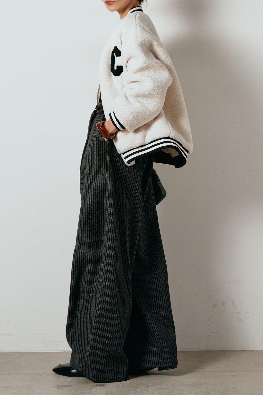 [SET]ロゴスタジャンボアブルゾン+レザーライク配色ストライプパンツ(2set)