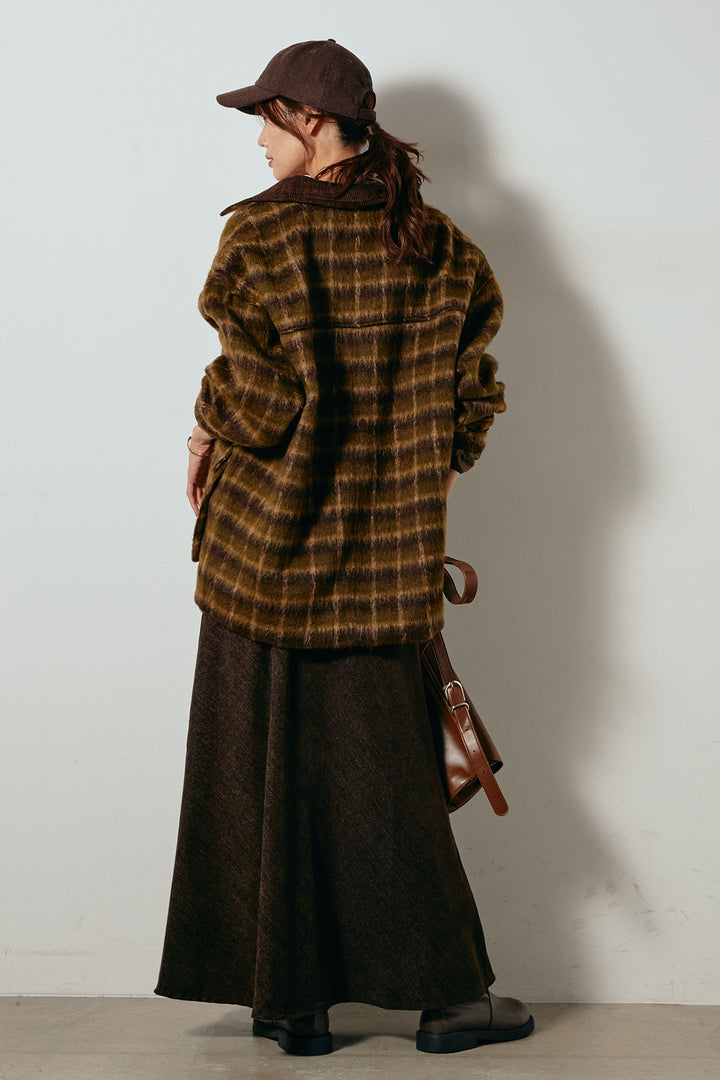 [SET]チェックシャギーミドルカバーオール+スウェードライクロングスカート(2set)