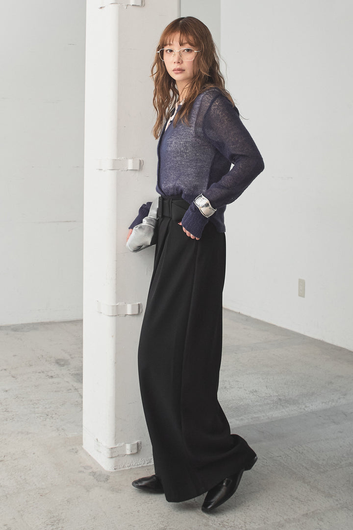 [SET]モヘア透かし編みレイヤードアンサンブルセット+ベルト付きツータックワイドパンツ(2set)