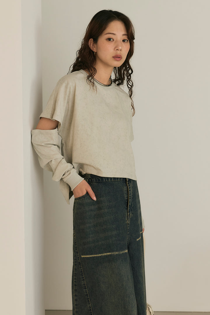 [SET]セパレートフェードTシャツ+ランダムダメージデニムワイドパンツ(2set)