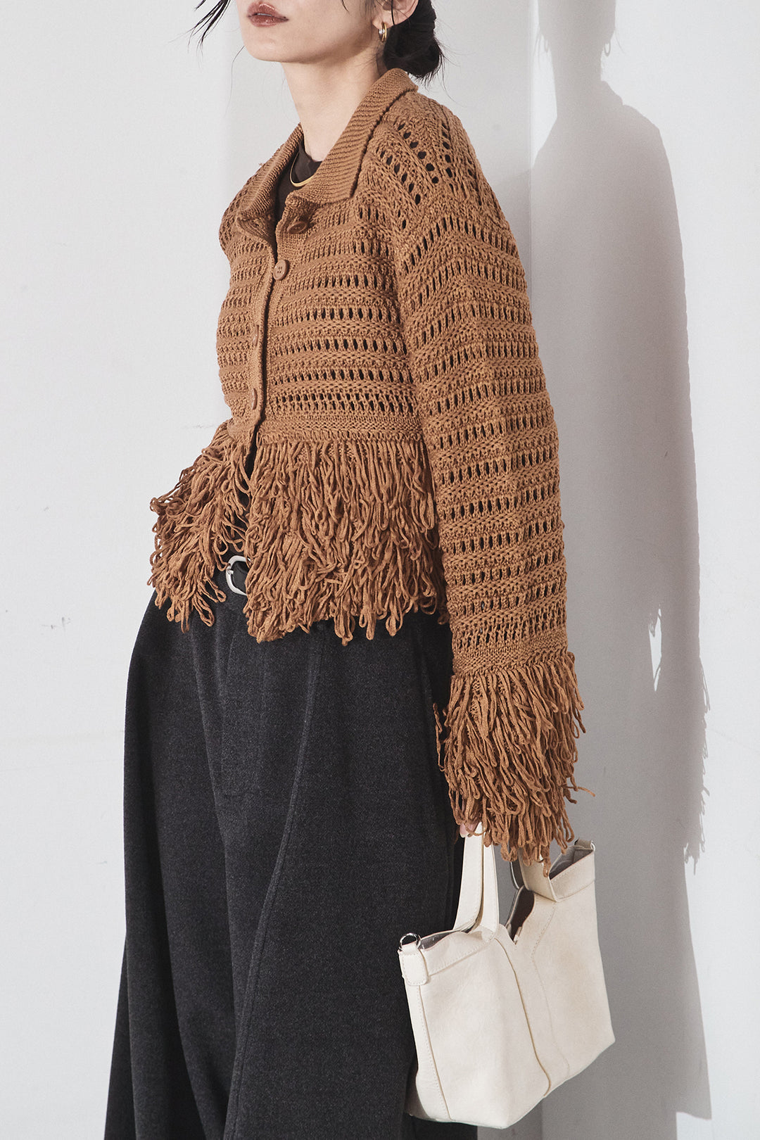 [SET]メッシュフリンジカーディガン+ウールタッチカーブワイドパンツ(2set)