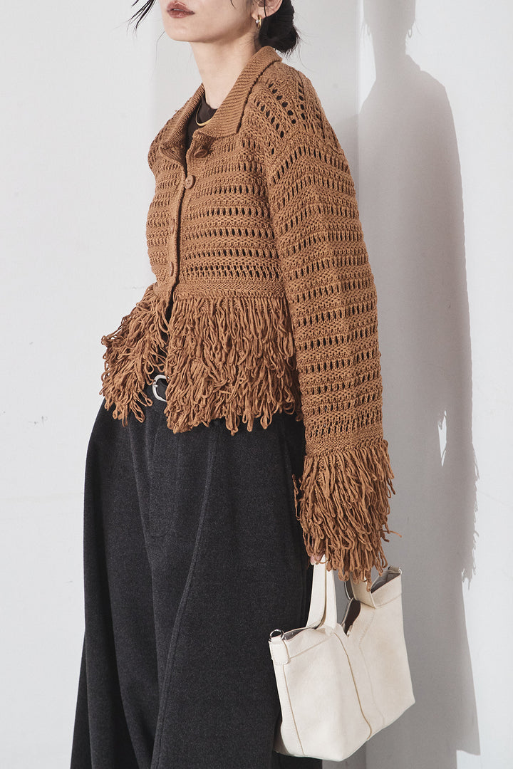 [SET]メッシュフリンジカーディガン+ウールタッチカーブワイドパンツ(2set)