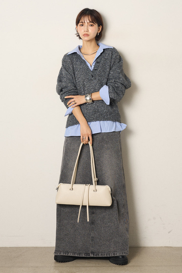 [SET]ストライプシャツドッキングニットポロトップス+デニムロングフレアスカート(2set)