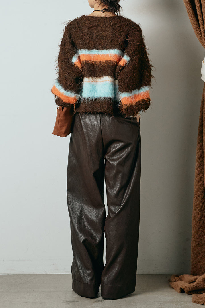 [SET]起毛配色マルチボーダーニットトップス+ベルト付きレザーライクタックパンツ(2set)