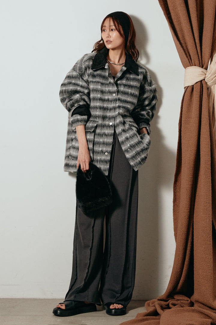 [SET]チェックシャギーミドルカバーオール+フロントラインデザインワイドスウェットパンツ(2set)