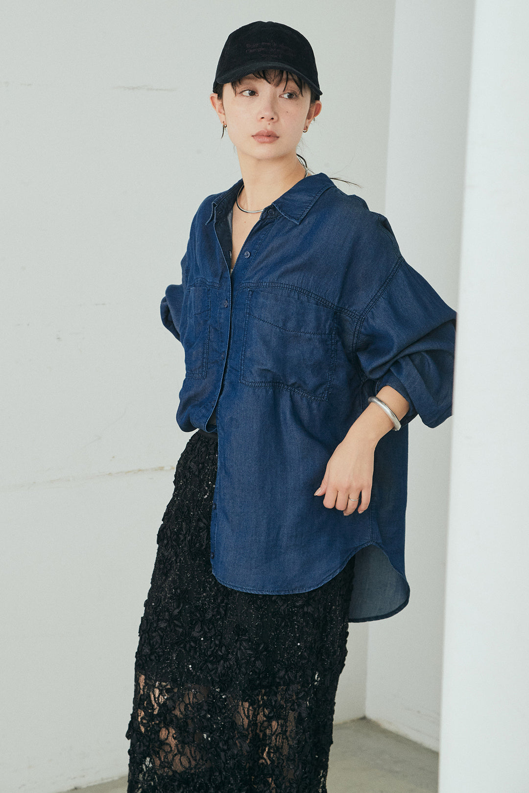 [SET]テンセルデニムシャツ+ラメ刺繍デザインスカート(2set)