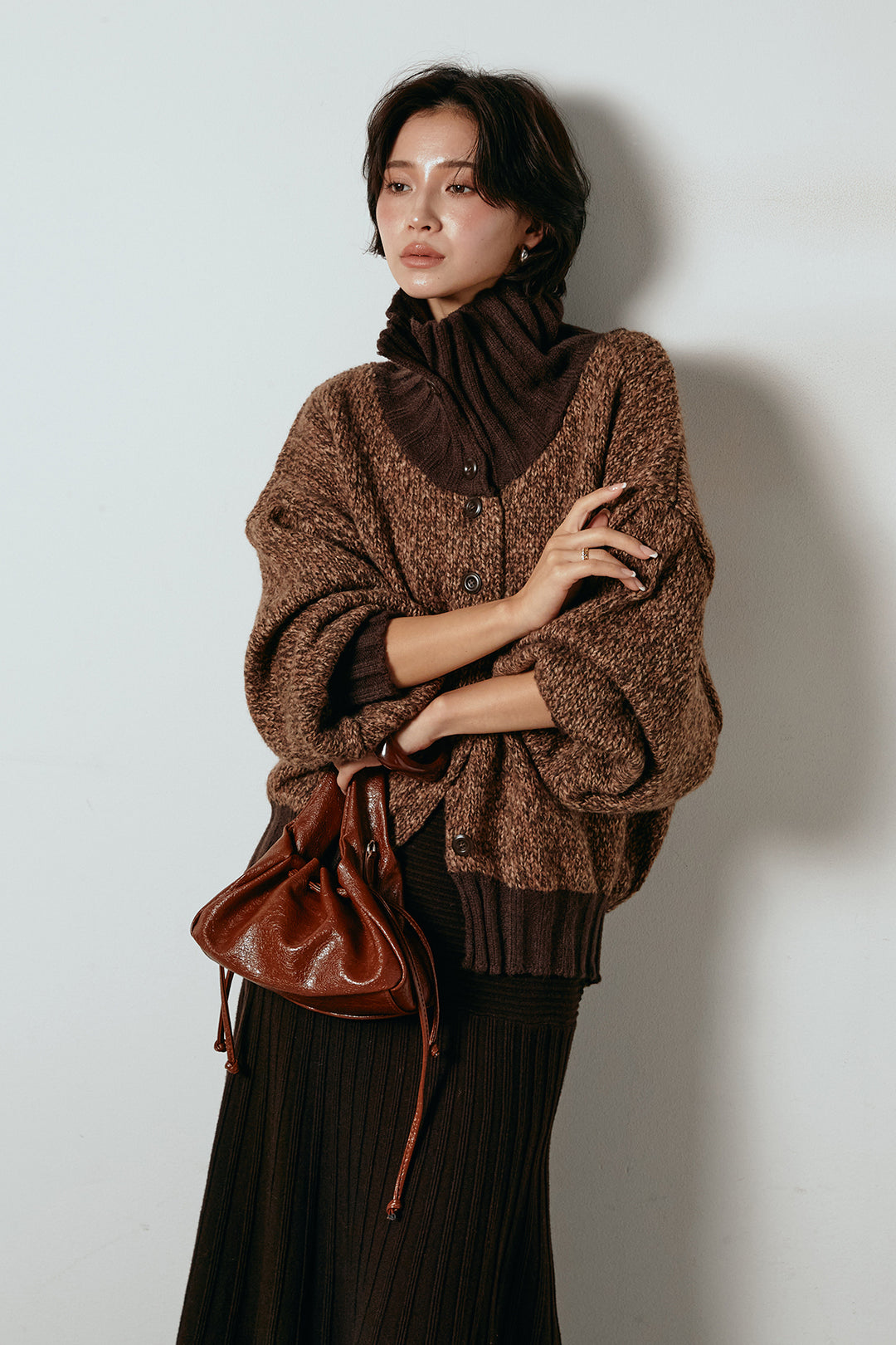 [SET]ハイネックミックスニットカーディガン+編み地切り替えフレアニットスカート(2set)