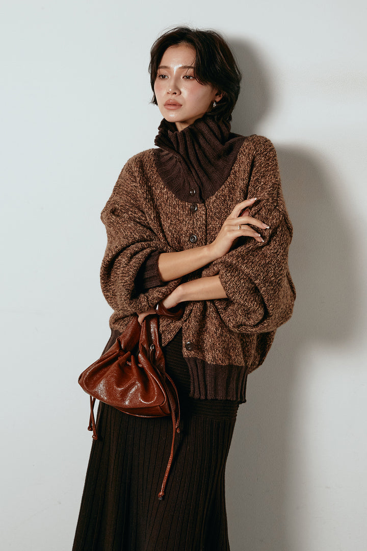 [SET]ハイネックミックスニットカーディガン+編み地切り替えフレアニットスカート(2set)