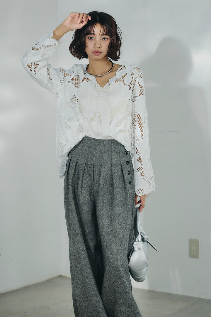 [SET]フラワー刺繍レースブラウス+サイドボタンツイードタックパンツ(2set)