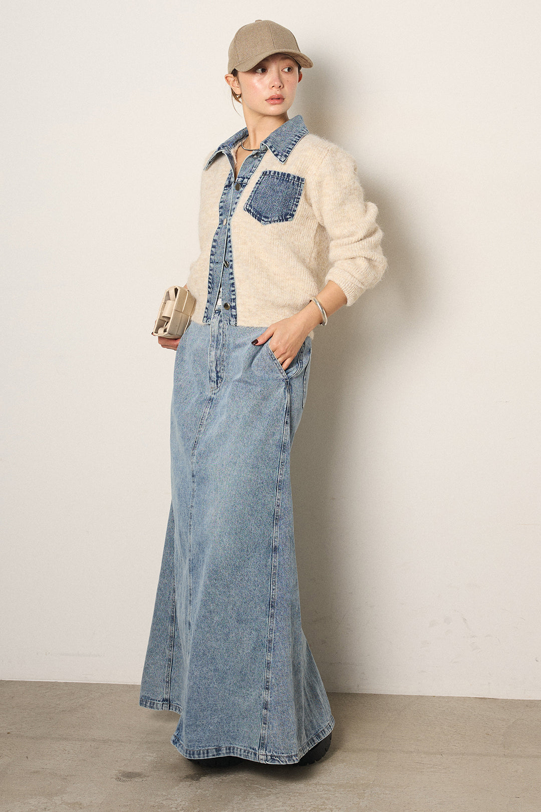 [SET]襟付きデニム切替ニットカーディガン+デニムロングフレアスカート(2set)