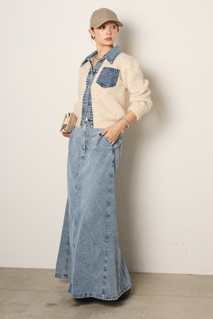 [SET]襟付きデニム切替ニットカーディガン+デニムロングフレアスカート(2set)