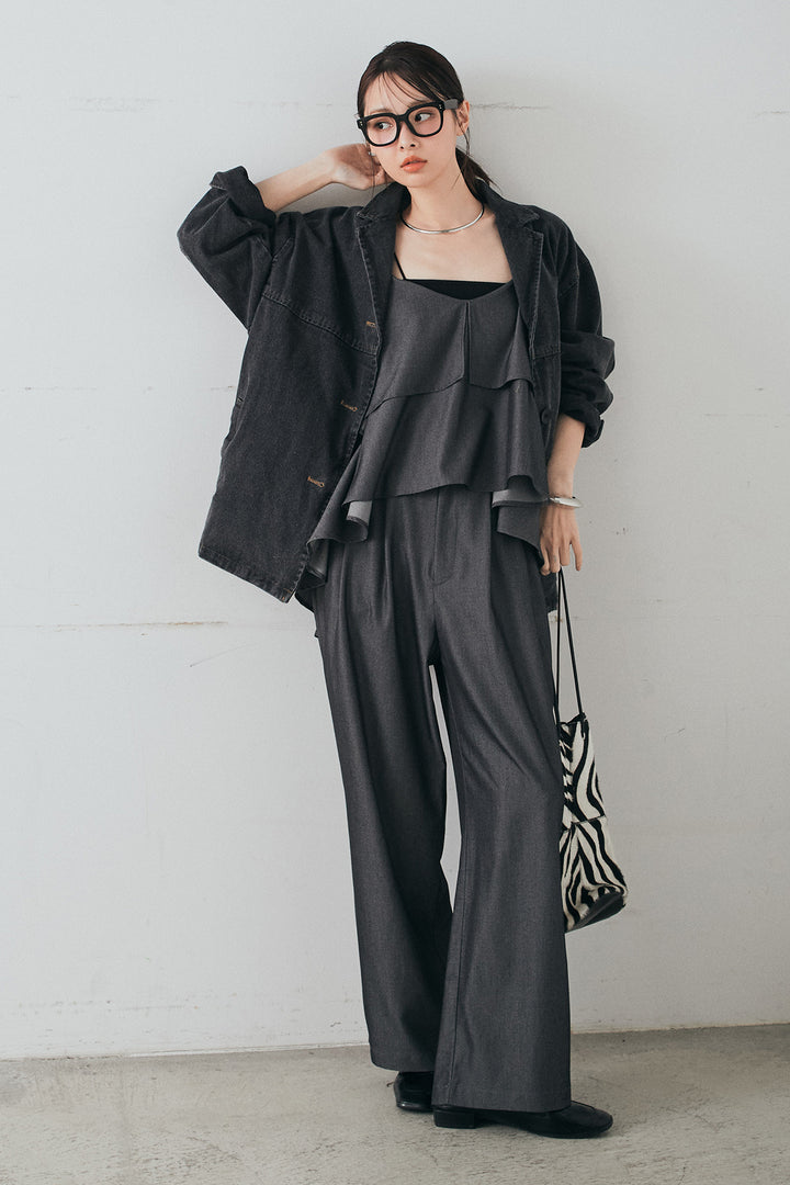 [SET]オーバーデニムジャケット+デニムライクツイルタックパンツ+デニムライクツイルティアードキャミソール(3set)